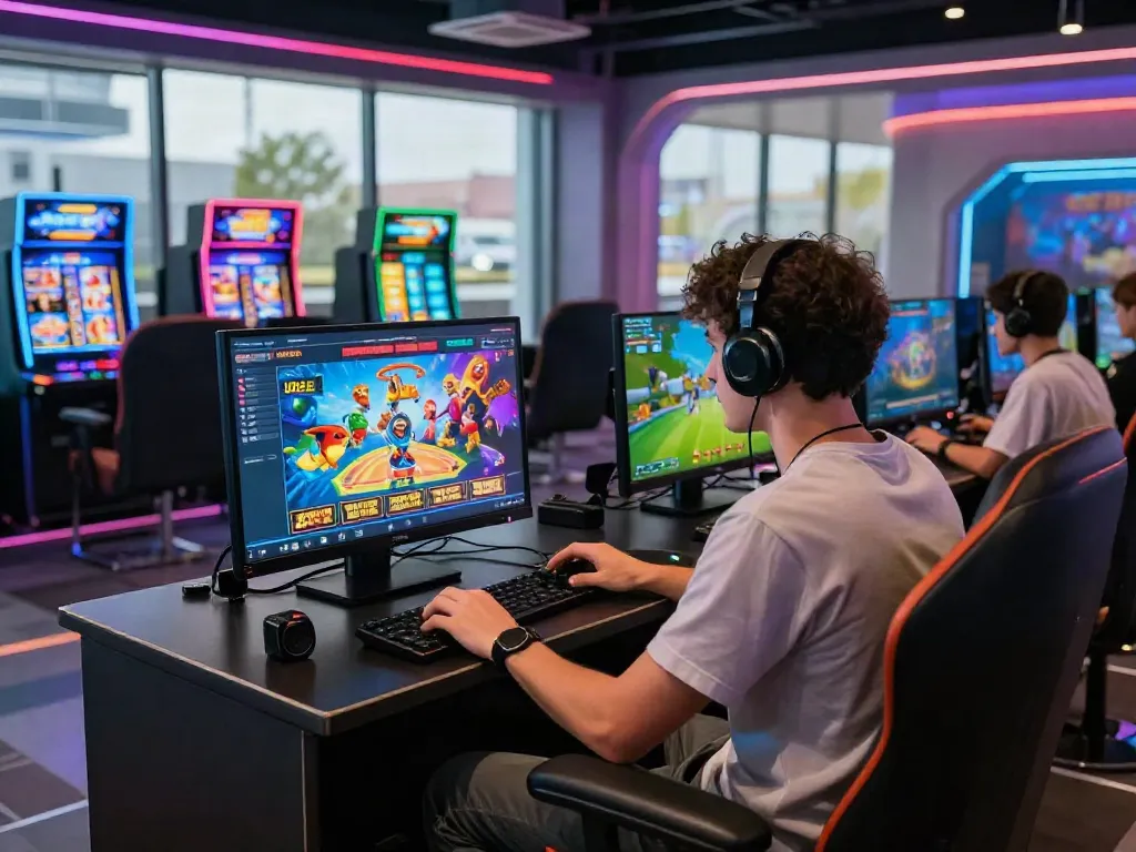 Engaged player enjoying UK88's online gaming experience in a modern lounge.