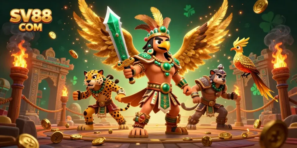 Experience thrilling gaming at SV88 COM with a vibrant 3D illustration featuring an Aztec warrior and rich casino elements.