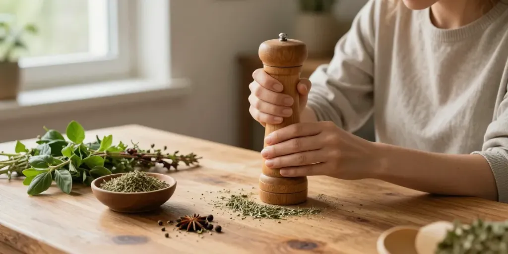 Grinding herbs at home with a wooden grinder kaufen for enhanced flavor.