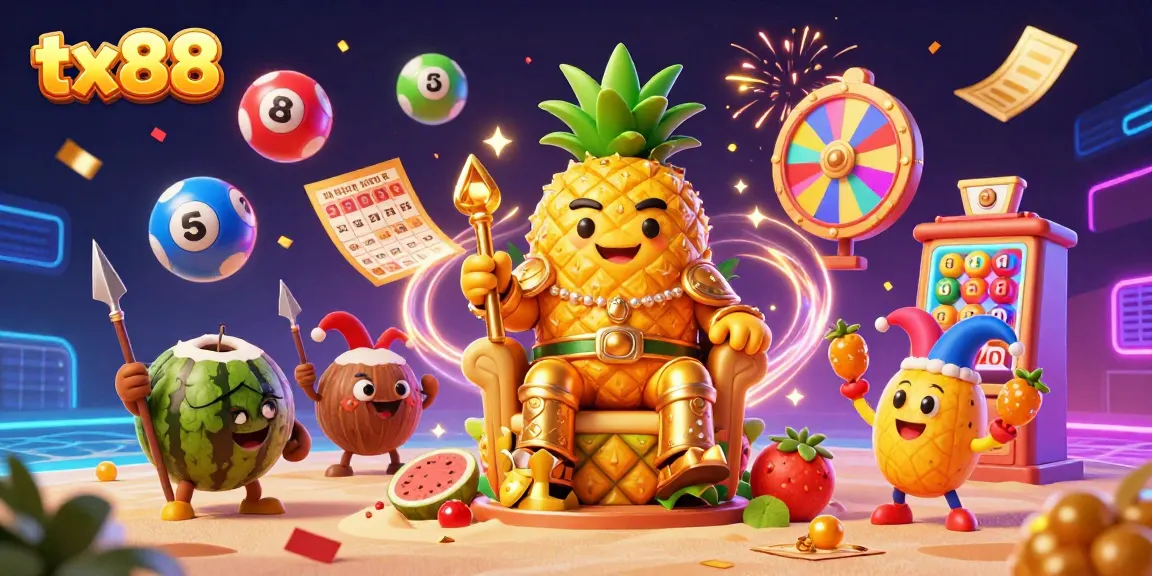 Engage with dynamic lottery action at tx88, showcasing vibrant balls and a jester in a lively casino scene.