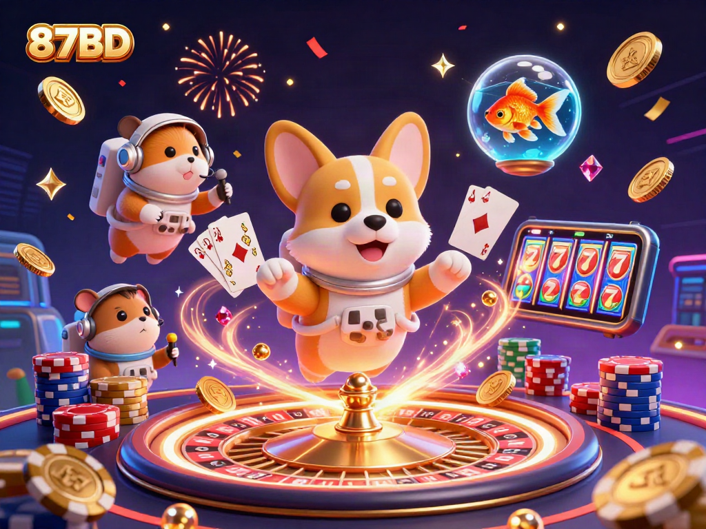 87BD casino illustration featuring corgi astronaut and mission-control hamster in a vibrant space scene.