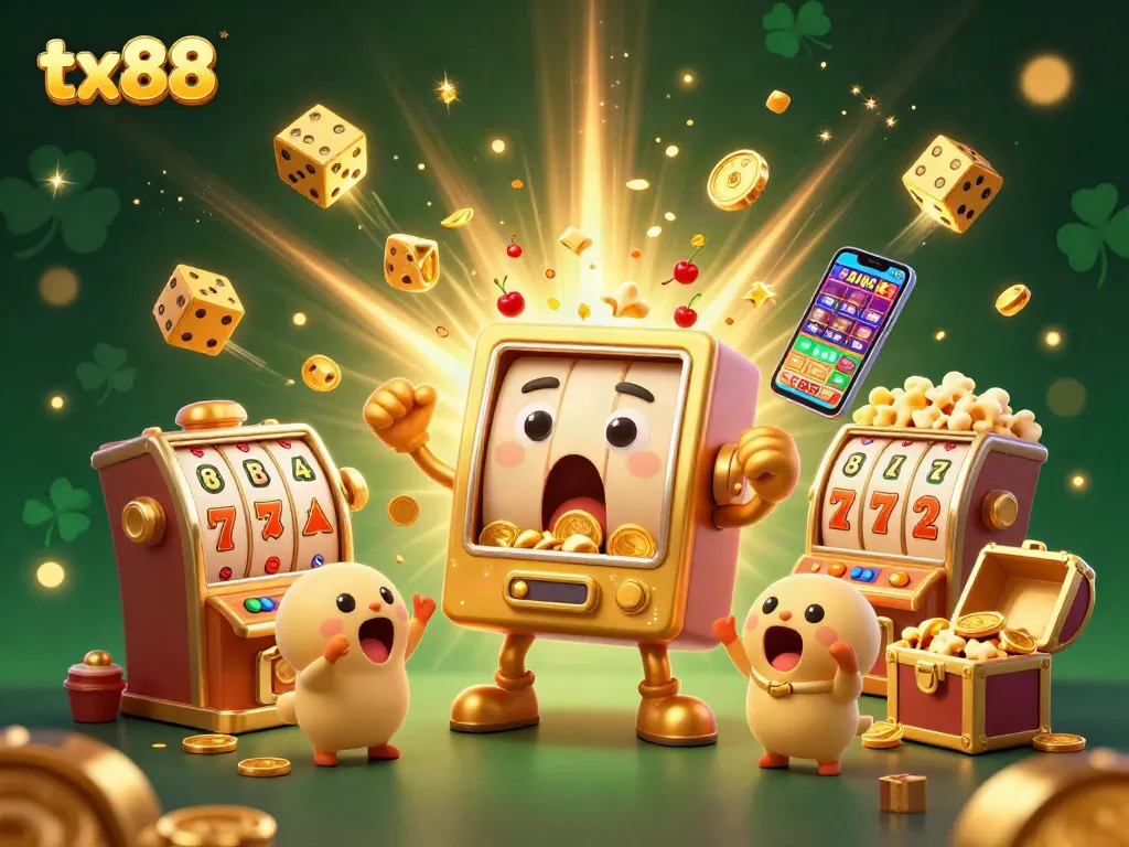 Experience tx88's thrilling jackpot moments with a golden slot machine and dynamic casino elements.