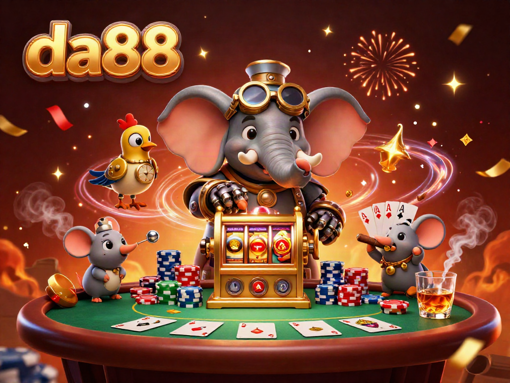 Spin the da88 golden slot machine with a steampunk elephant engineer and magical casino elements.