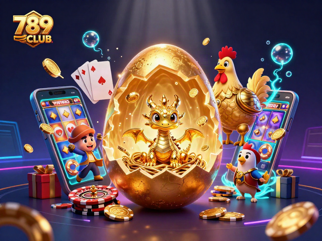 Engage with 789CLUB's vibrant world, featuring a golden dragon and dynamic casino elements.