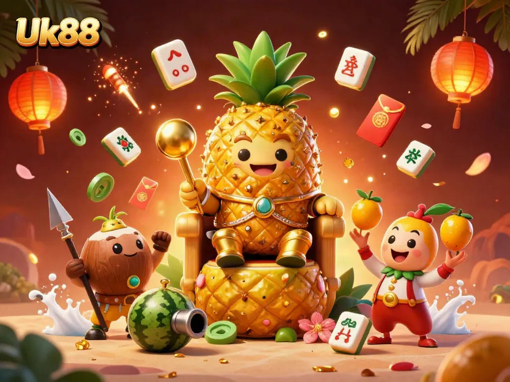 Experience the thrill of Uk88 with vibrant characters and casino elements in a tropical setting.