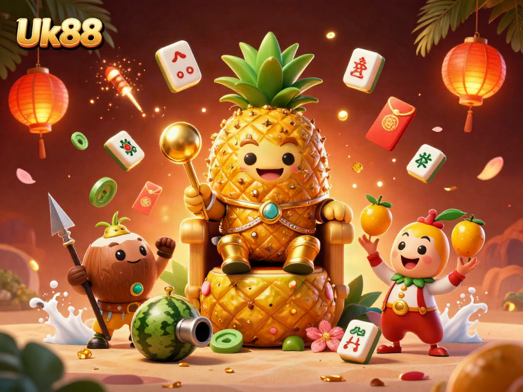 Experience the thrill of Uk88 with vibrant characters and casino elements in a tropical setting.