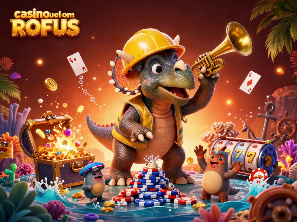 Engage at casino uden om ROFUS with dynamic characters celebrating poker games amidst vibrant casino elements.