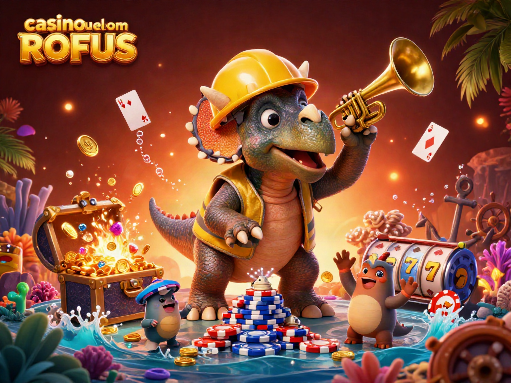 Engage at casino uden om ROFUS with dynamic characters celebrating poker games amidst vibrant casino elements.