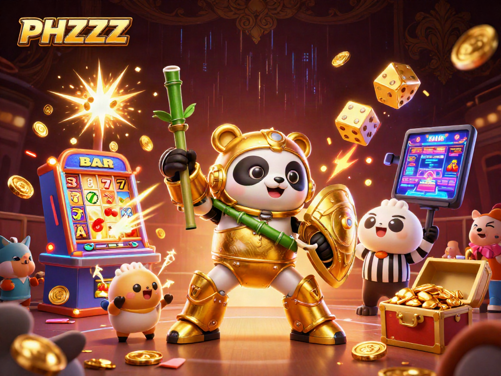 Experience excitement at PHZZZ with a golden panda piloting a robot amidst casino thrills.