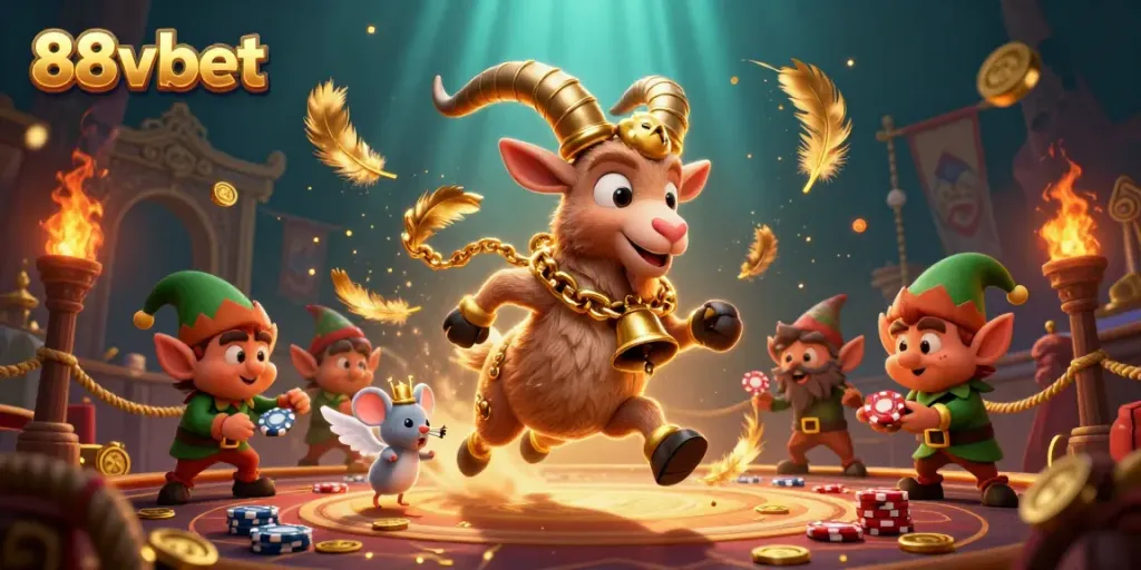 Experience the excitement of 88vbet with a 3D illustration of a festive casino scene full of action.