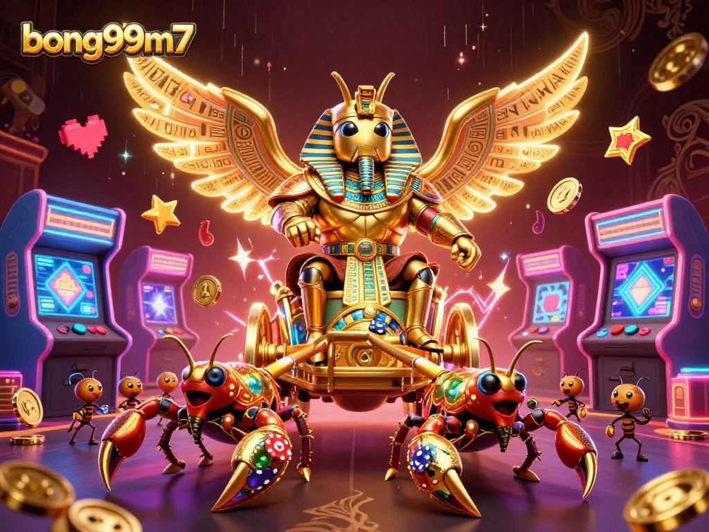 bong99m7 showcases a vibrant scene of a golden scarab beetle and scorpions in an engaging gaming environment.