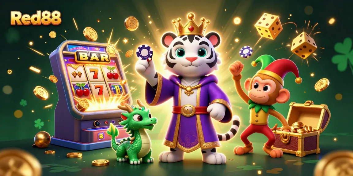 Play the latest casino games at Red88, featuring a lively scene with a tiger, monkey, and dragon.