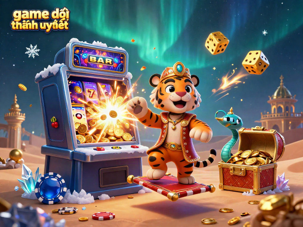 Experience the thrilling world of game đổi thưởng uy tín with a dynamic casino scene featuring colorful symbols and vibrant characters.