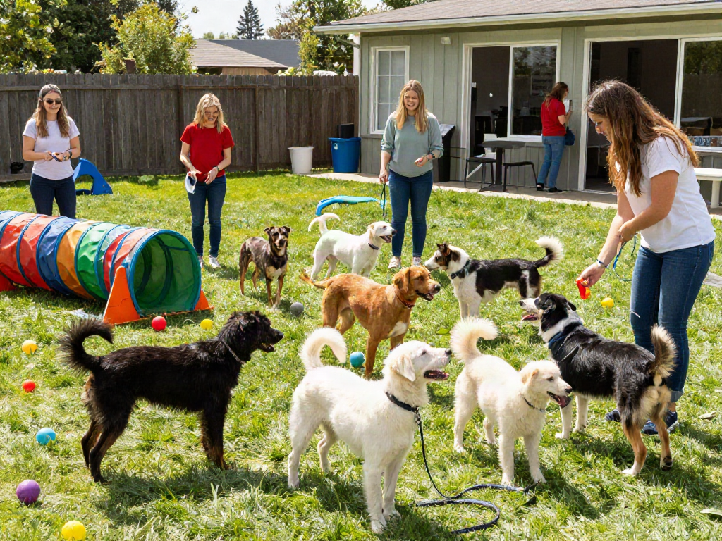 Deposit 10k for a joyful dog daycare experience with happy dogs and engaging staff.