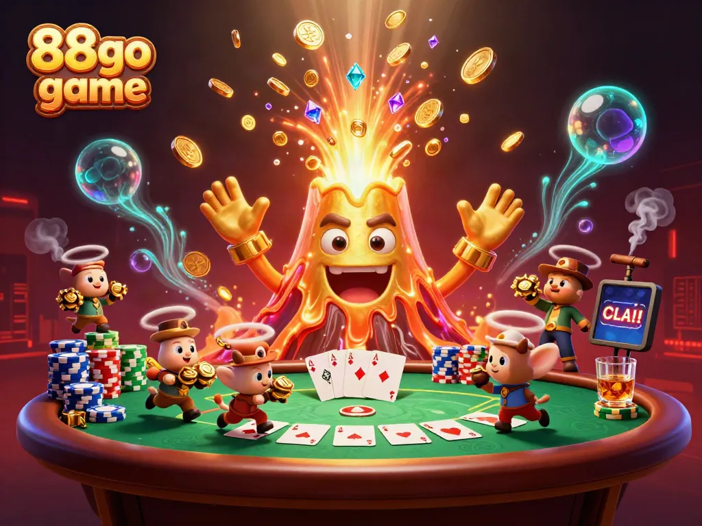 Experience the excitement of 88go game with a golden volcano and treasure in a vibrant casino scene.