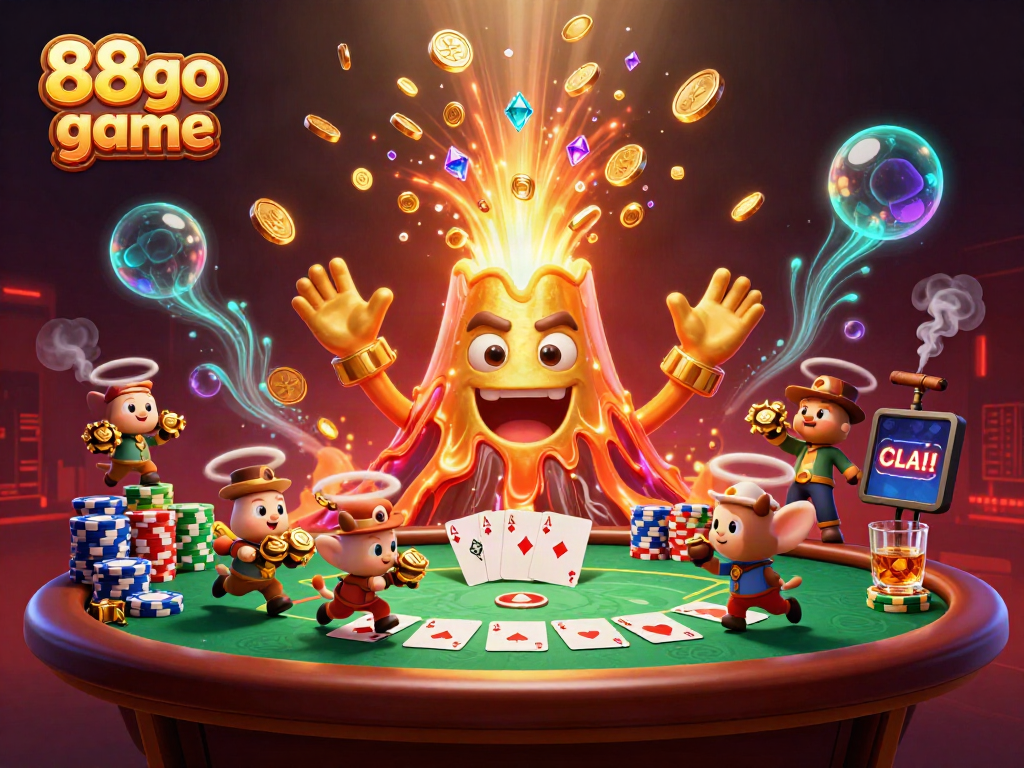 Experience the excitement of 88go game with a golden volcano and treasure in a vibrant casino scene.