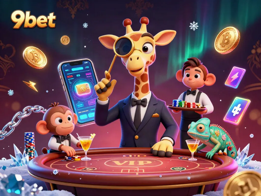 Engage in exciting gameplay at 9bet with a high-roller giraffe at an exquisite poker table surrounded by vibrant casino elements.