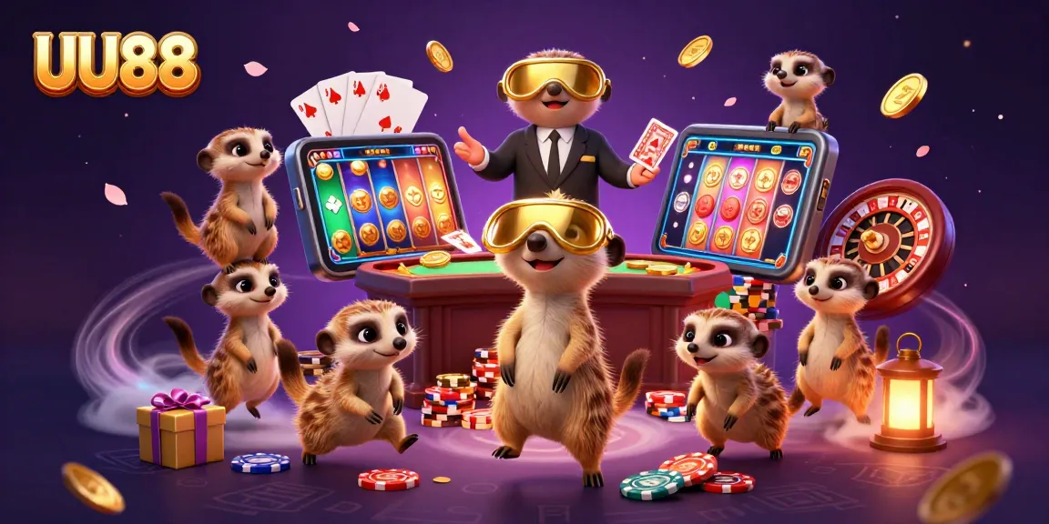 UU88 meerkats manage a vibrant casino, showcasing slots and chips in a lively scene.