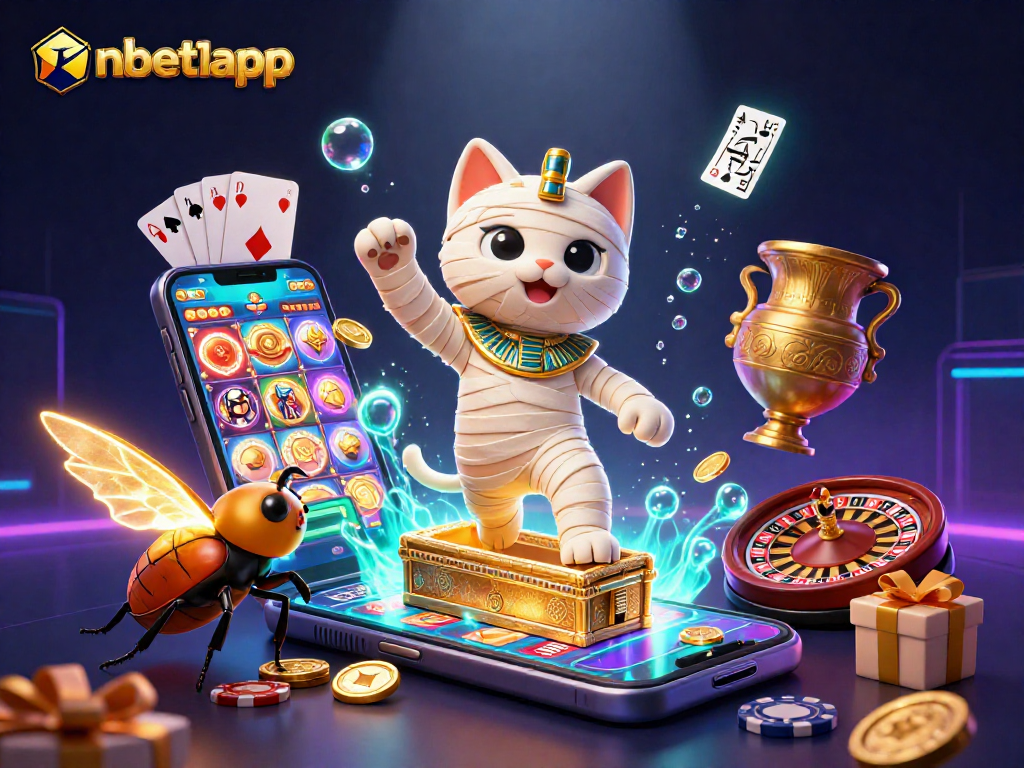 Engage with nbet1app's vibrant casino world featuring an Egyptian mummy cat, golden sarcophagus, and animated games.
