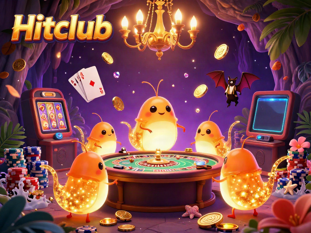 Experience the excitement at Hitclub, with glowworms lighting up a vibrant cave casino filled with animated gambling elements.