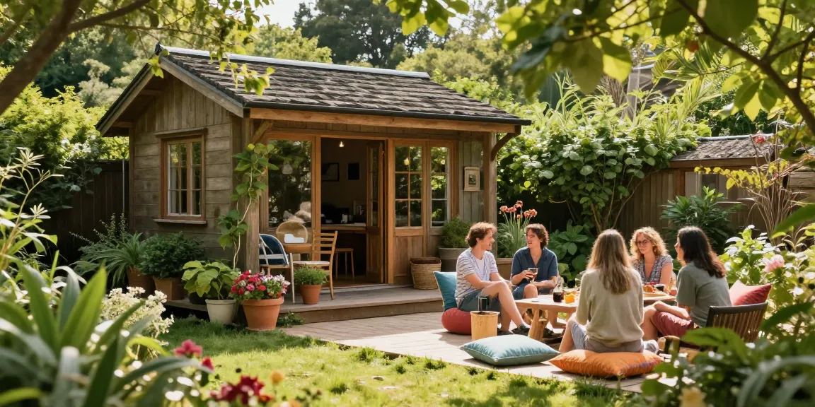 Gartenhaus im Garten mit blühenden Pflanzen und gemütlicher Sitzgelegenheit.