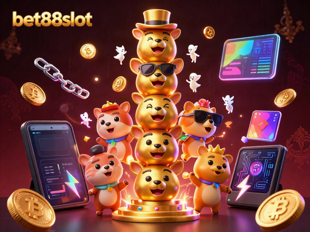 Engage with bet88slot's dynamic casino experience showcasing illuminated crypto elements and lively cartoon totem.