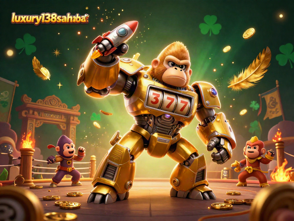 Experience thrilling gameplay at luxury138sahabat with a dynamic golden gorilla mech surrounded by casino excitement.