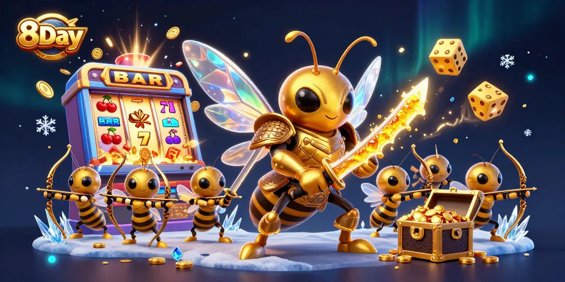 Experience thrilling 8Day gaming with vibrant slot machines and rich rewards in a captivating casino scene.