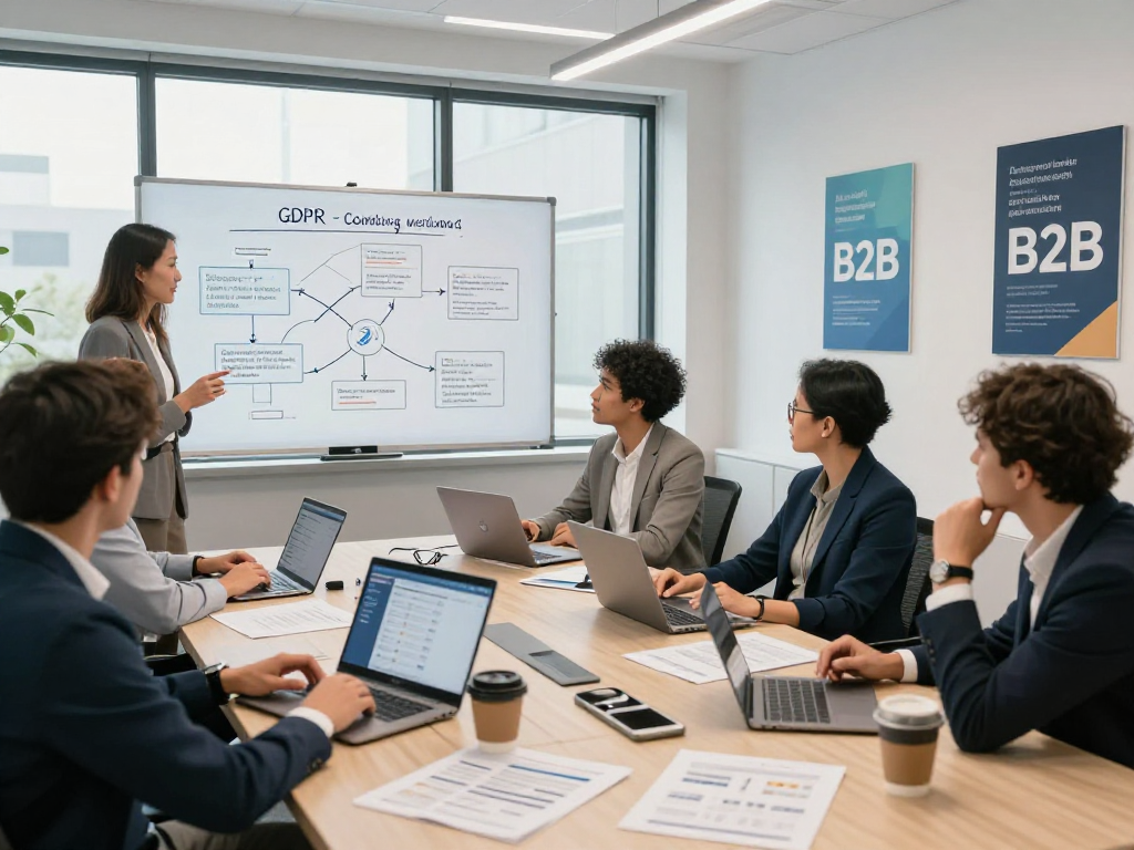 Wissen / Blog-Hub meeting scene emphasizing HubSpot tracking and GDPR compliance strategies in a modern office.