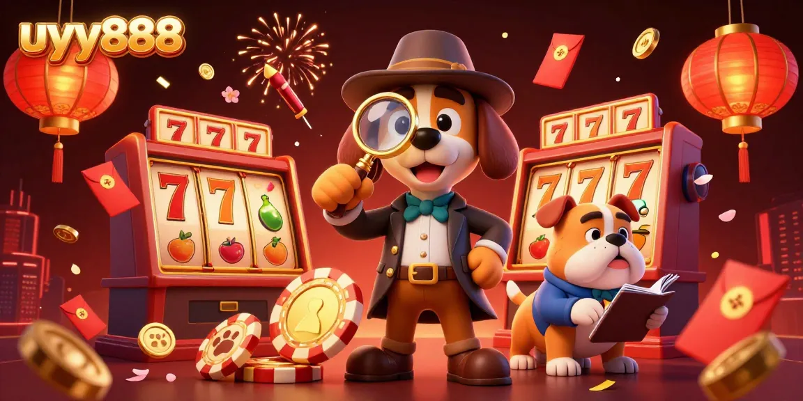 Investigate golden poker chips with uyy888's detective duo, surrounded by colorful slot game elements.