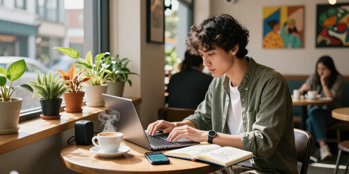 Engaging scene of rokok88 in urban coffee shop, stylish young adult working on laptop with coffee.