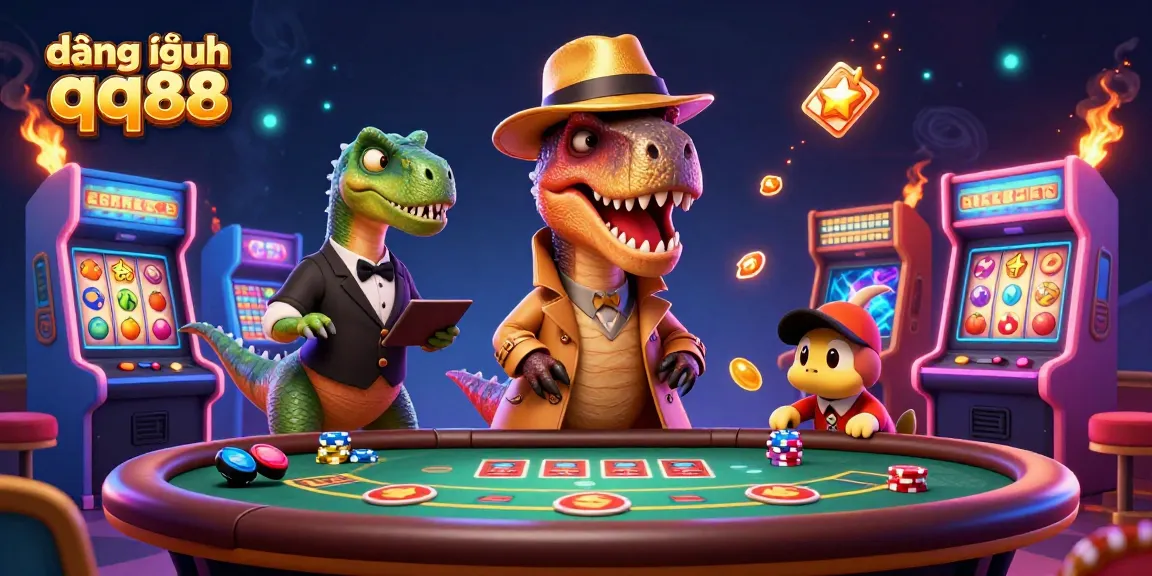 Engage with đăng nhập qq88 at the casino: a velociraptor card counter conspicuously at a blackjack table.