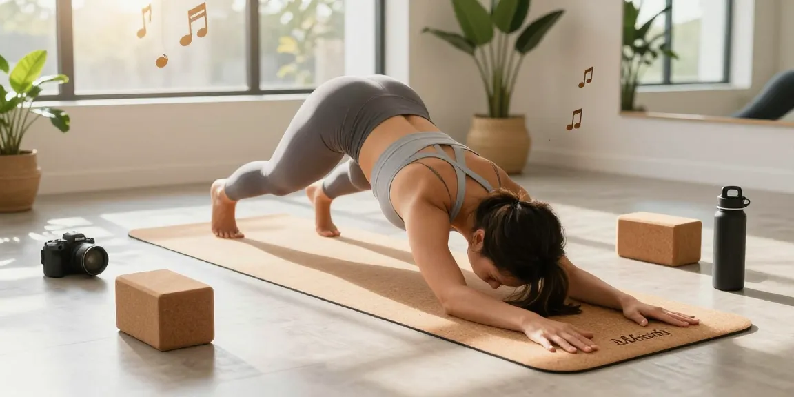 Practicing yoga on a personalized cork yoga mat with unique engraving, highlighting its eco-friendly features.