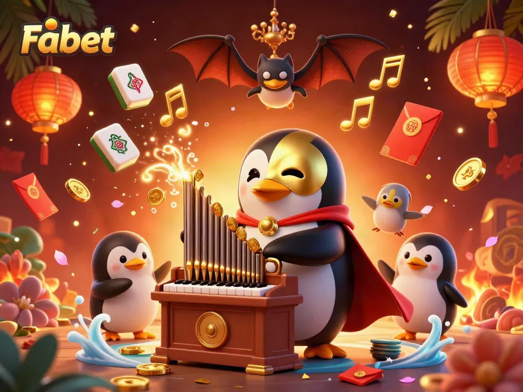 Bet on Fabet as a vibrant penguin orchestrates golden coins and festive elements in a dynamic casino scene.