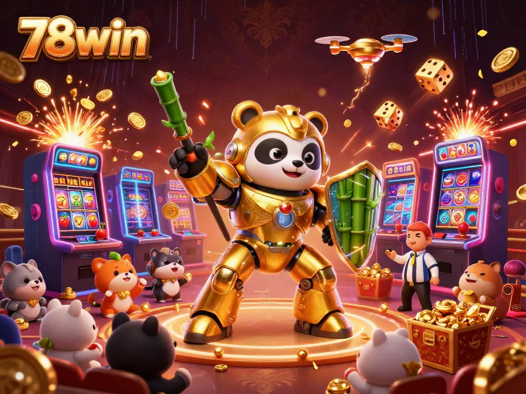 Experience the thrill of 78win with a vibrant casino scene filled with slot machines and cheering animals.