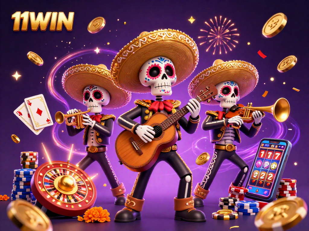 Experience the lively 11WIN casino scene with mariachi band amidst dynamic game elements.