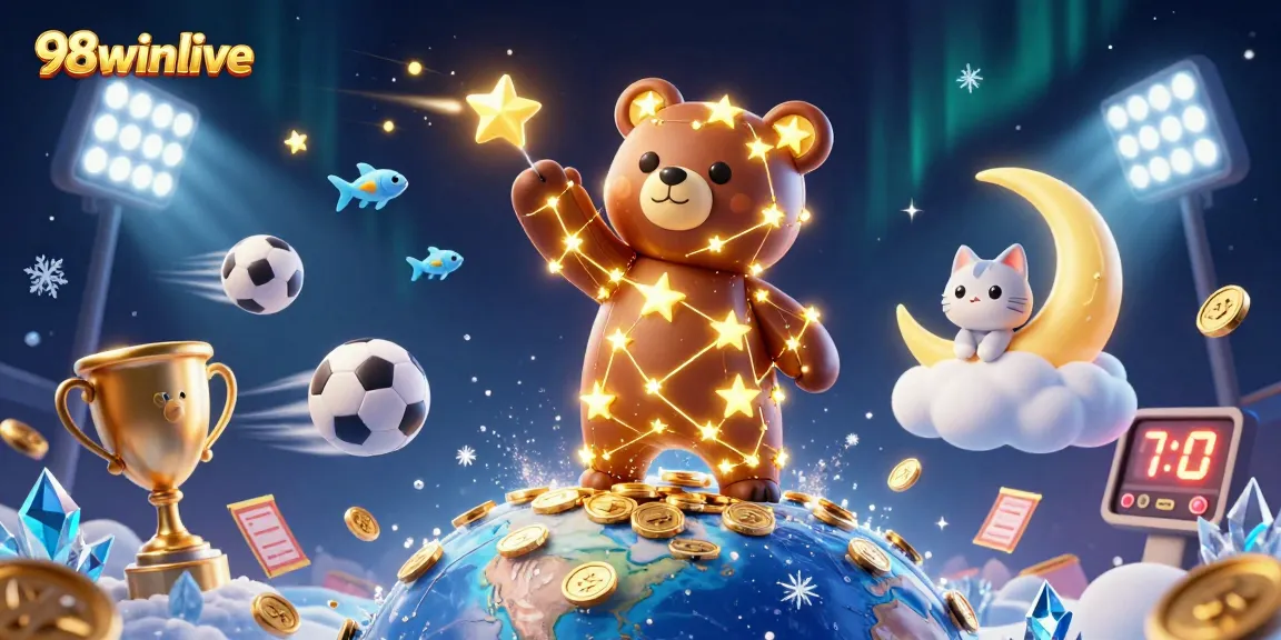 Engage with 98winlive’s world of excitement, as the constellation bear celebrates winnings amidst dynamic sports elements.