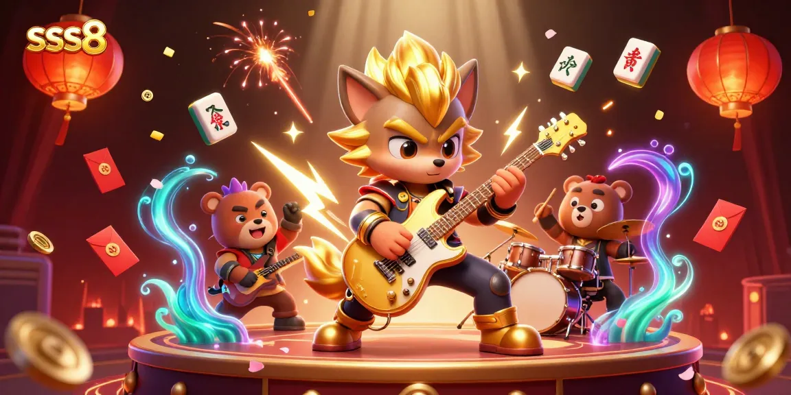 Experience the thrill of sss8 with a charismatic wolf rock star on stage, amidst vibrant gambling elements.