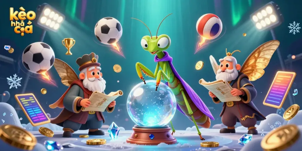 Engage with kèo nhà cái through an illustrated scene of fortune tellers and sports betting activity.