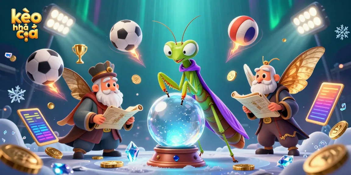 Engage with kèo nhà cái through an illustrated scene of fortune tellers and sports betting activity.