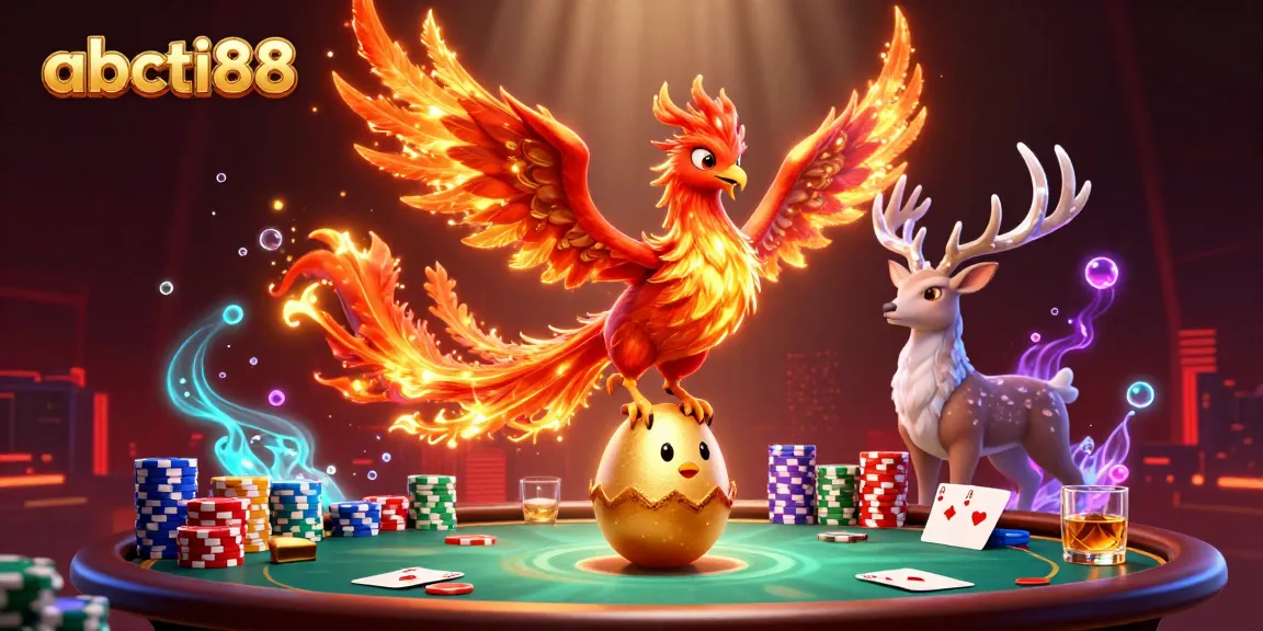 Experience thrilling card games at abcti88 with vivid visuals of phoenixes and poker tables.