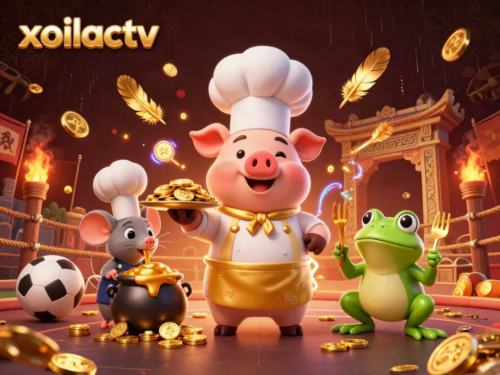 Experience thrilling sports action with xoilactv as a pig chef presents a platter of gold coins amidst vibrant betting elements.