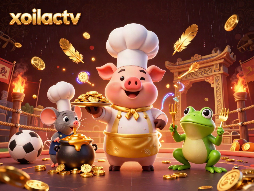 Experience thrilling sports action with xoilactv as a pig chef presents a platter of gold coins amidst vibrant betting elements.