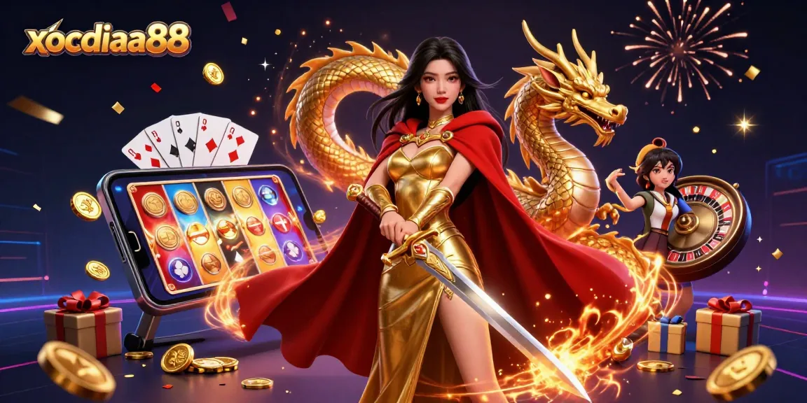 Xocdiaa88 showcases a stunning queen amidst golden coins and vibrant gaming elements, embodying excitement.