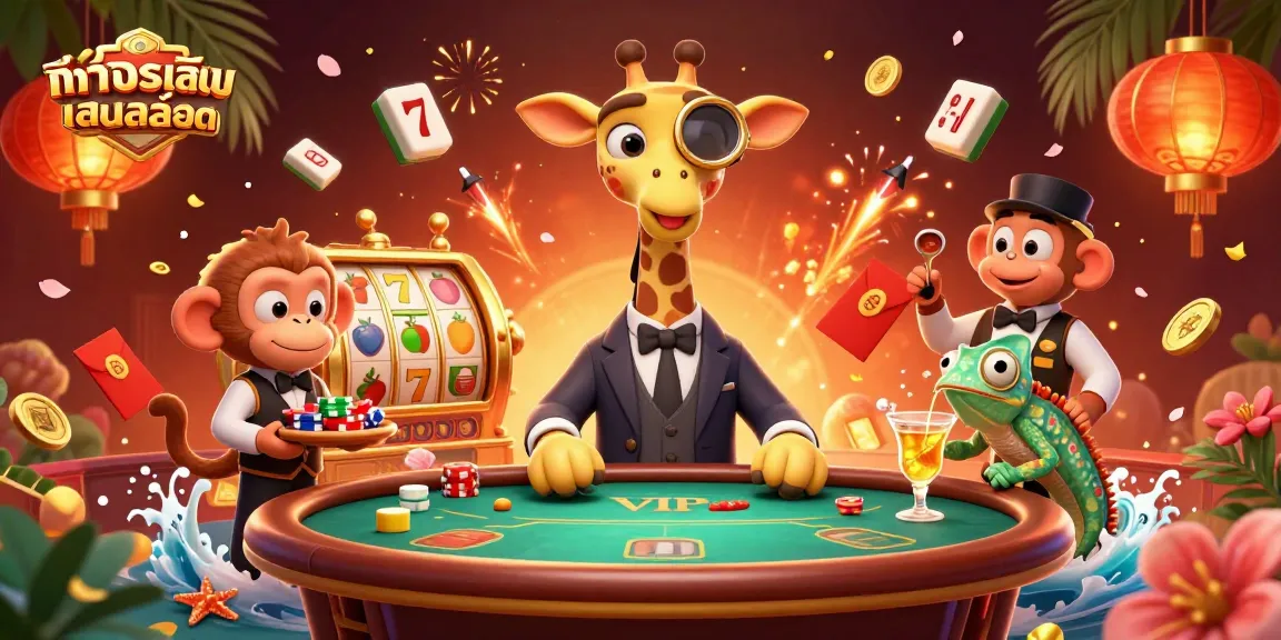 Experience ทดลองเล่นสล็อต with a vibrant casino scene featuring a giraffe high-roller at a poker table surrounded by festive elements.