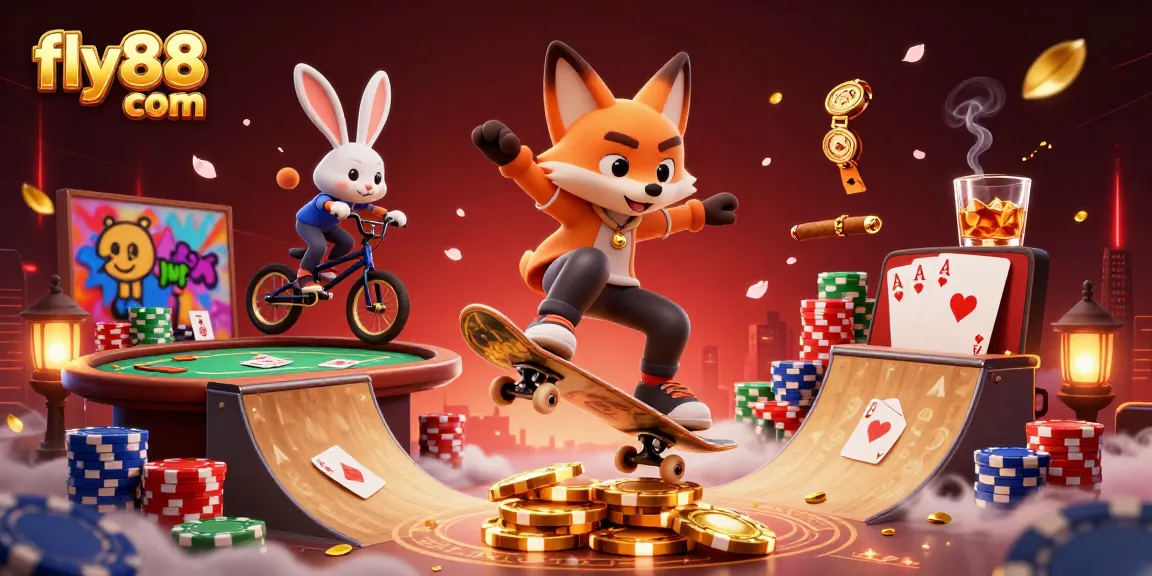 Engage in thrilling gameplay with fly88 com as a fox and rabbit showcase poker and casino excitement.