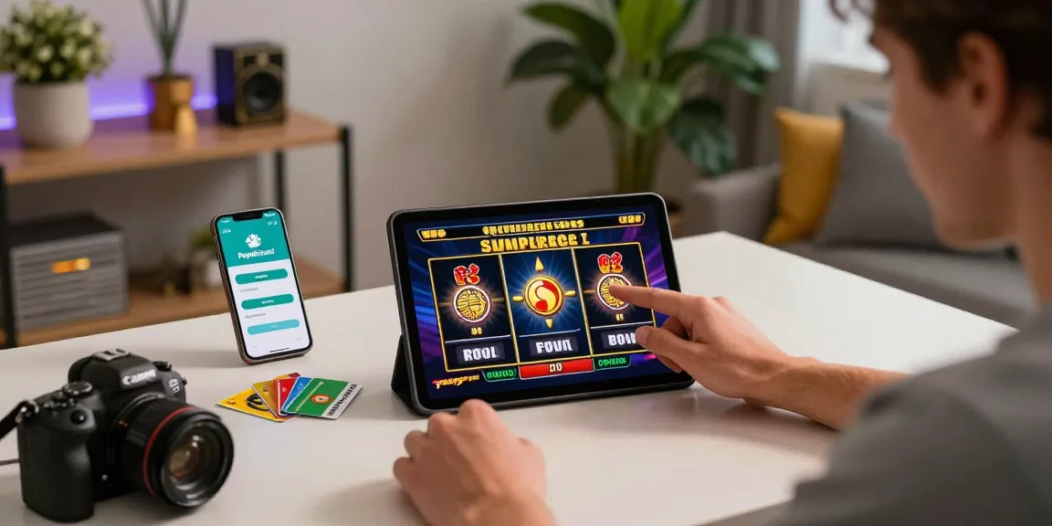 Spieler genießt ein Paysafe Card Casino-Erlebnis zu Hause mit lebhaftem Dekor und Gaming-Memorabilia.