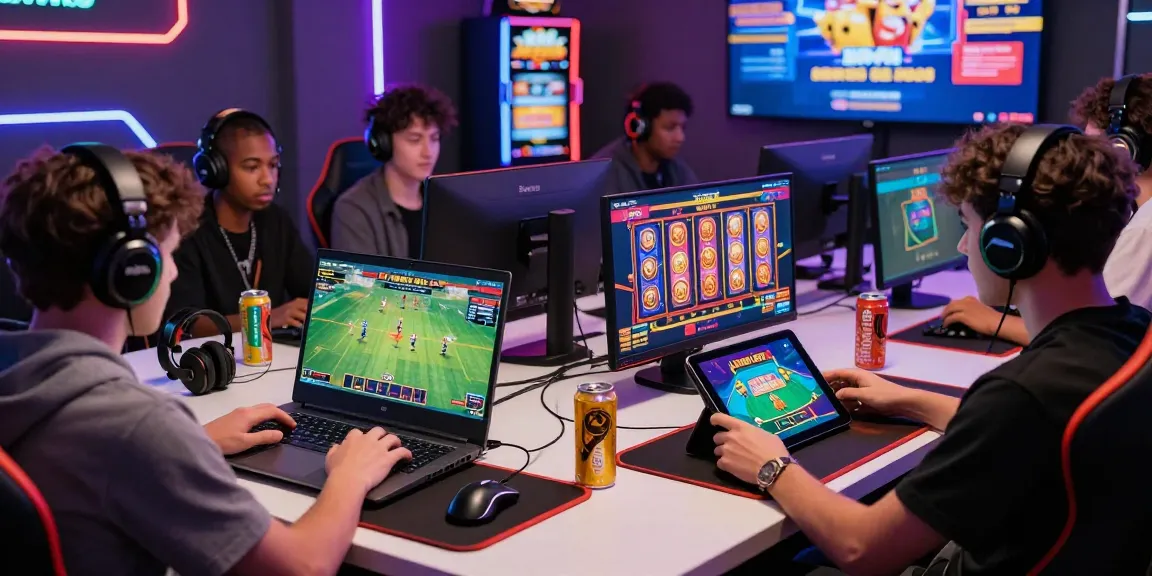 Engaging online gaming experience on Baza Win with players enjoying live sports betting and poker, showcasing exciting promotions and a modern gaming setup.