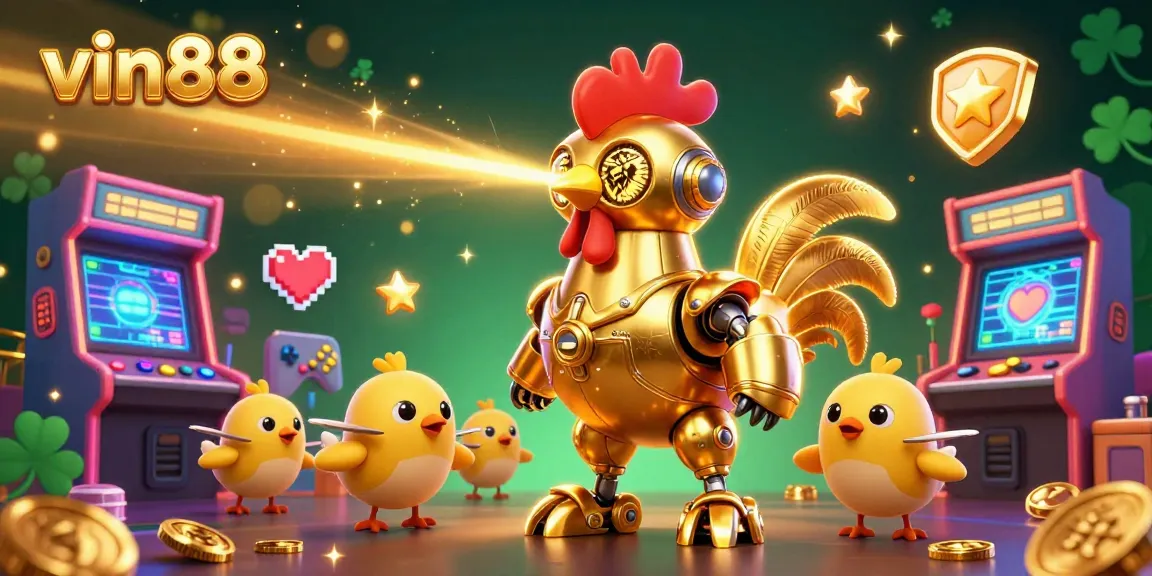Engage with vin88's vibrant casino adventure featuring a golden rooster robot amidst arcade thrills.