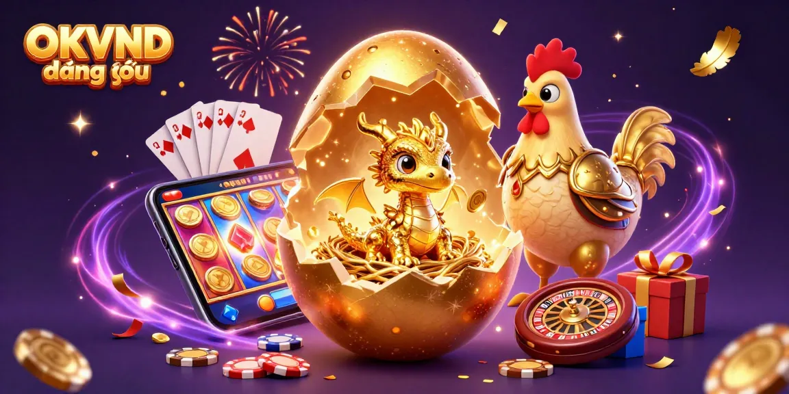 Engage with the vibrant OKVND đăng nhập scene showcasing a golden dragon on poker chips amid dynamic slot games.